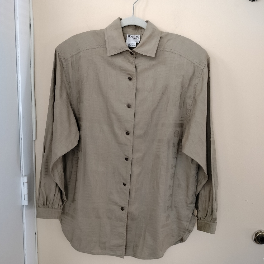 Brownstone Studio Cotton Button Long Sleeve Top Shirt Tunic 12 Taupe Artsy 80s